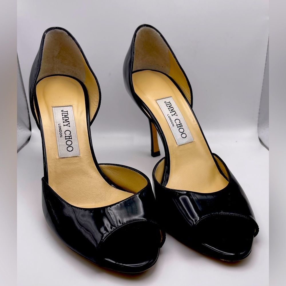 Jimmy Choo black patent peep toe shoe